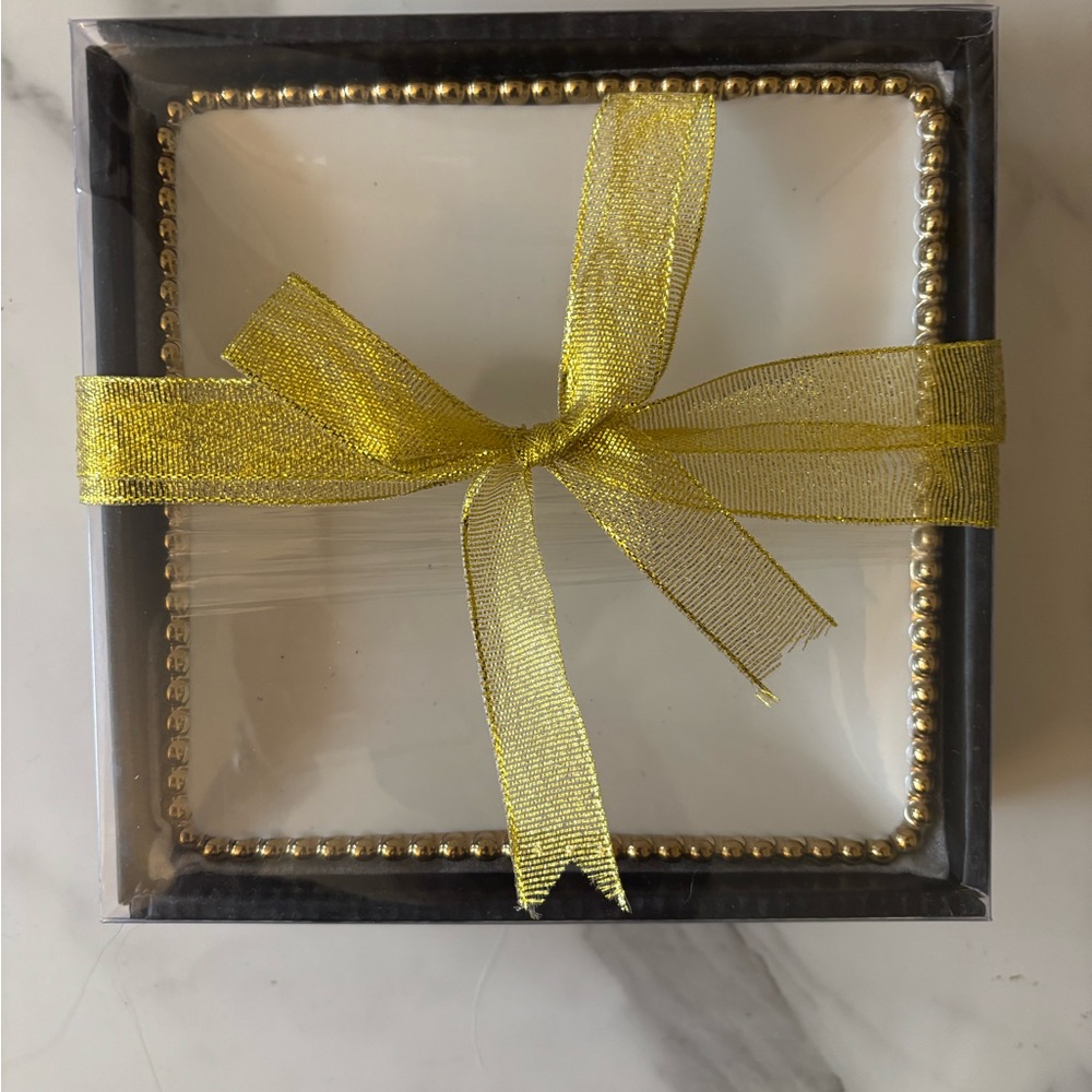 8” Square White Plates With Gold Bead Design, New in Box, Set of 4